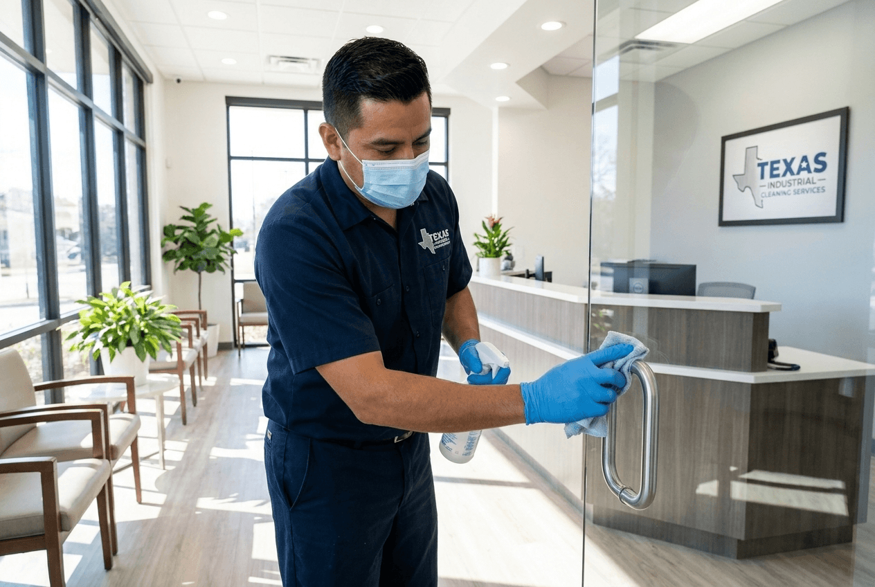 Commercial cleaner in TICS uniform disinfecting high-touch surfaces in a Dallas-Fort Worth medical office
