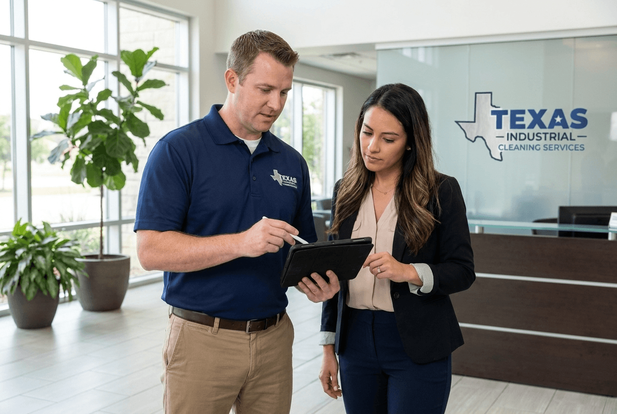 TICS owner-operator meeting a Dallas-Fort Worth office manager to review a commercial cleaning scope