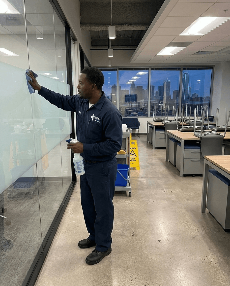 Commercial cleaning crew in TICS uniform cleaning a Dallas-Fort Worth office common area after hours