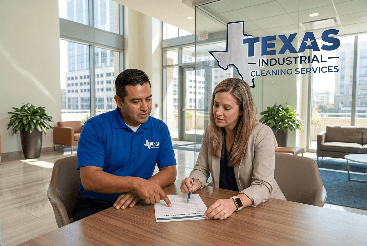 TICS owner-operator reviewing a janitorial contract scope with a Dallas-Fort Worth property manager