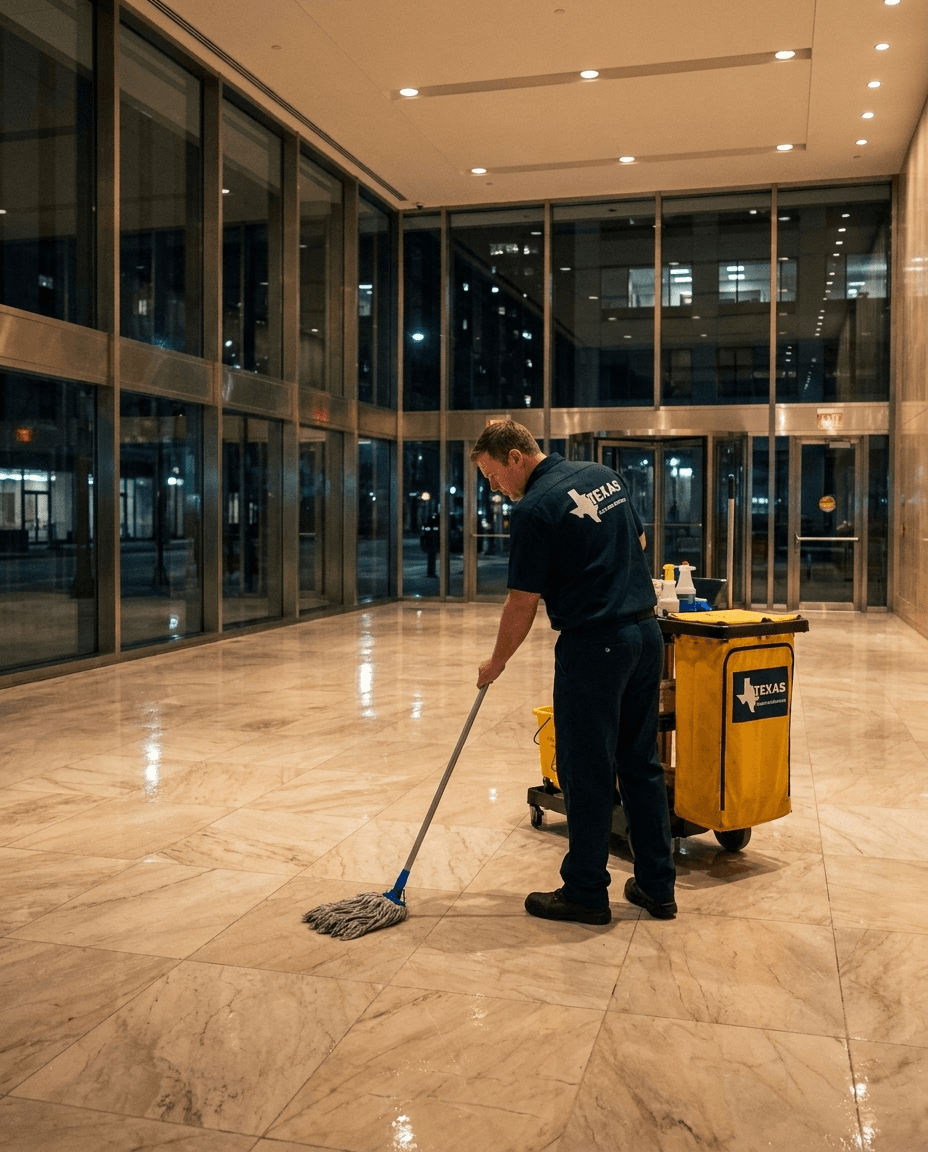 Janitorial crew in TICS uniform servicing a Dallas-Fort Worth commercial building after hours