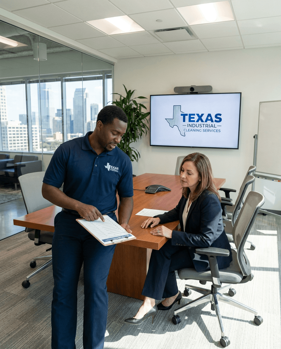 TICS owner-operator reviewing an office cleaning checklist with a Dallas-Fort Worth office manager