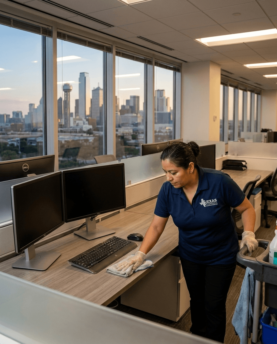 Office cleaner in TICS uniform wiping down a Dallas-Fort Worth office workspace after hours