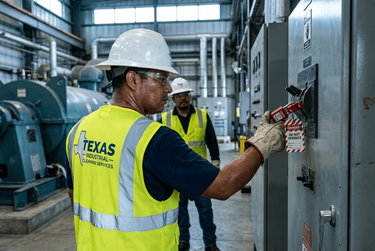 Industrial cleaning crew performing lockout/tagout on a plant control panel