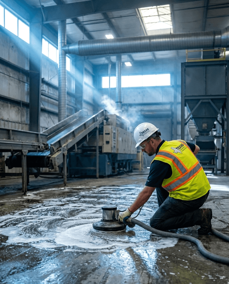 Industrial cleaning technician deep-cleaning a manufacturing plant floor in Dallas-Fort Worth