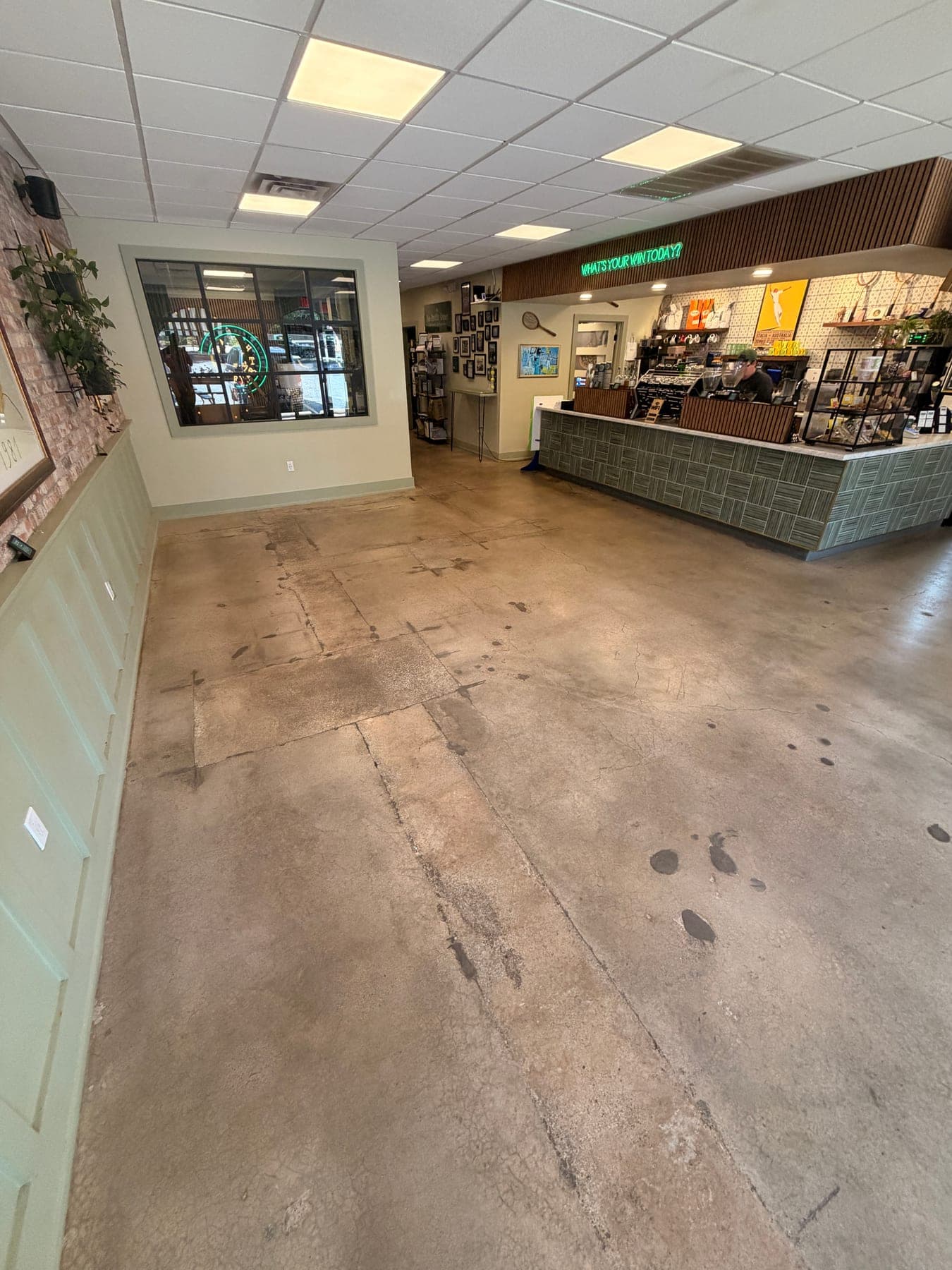 Dull, stained concrete sales floor in a cafe before cleaning and polishing