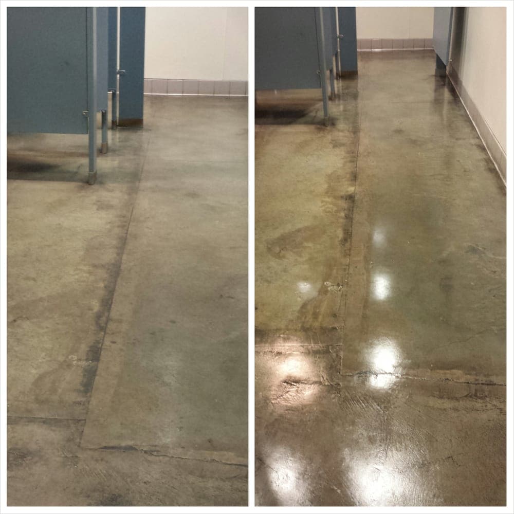 Before and after: stained concrete floor cleaned and polished to a high shine