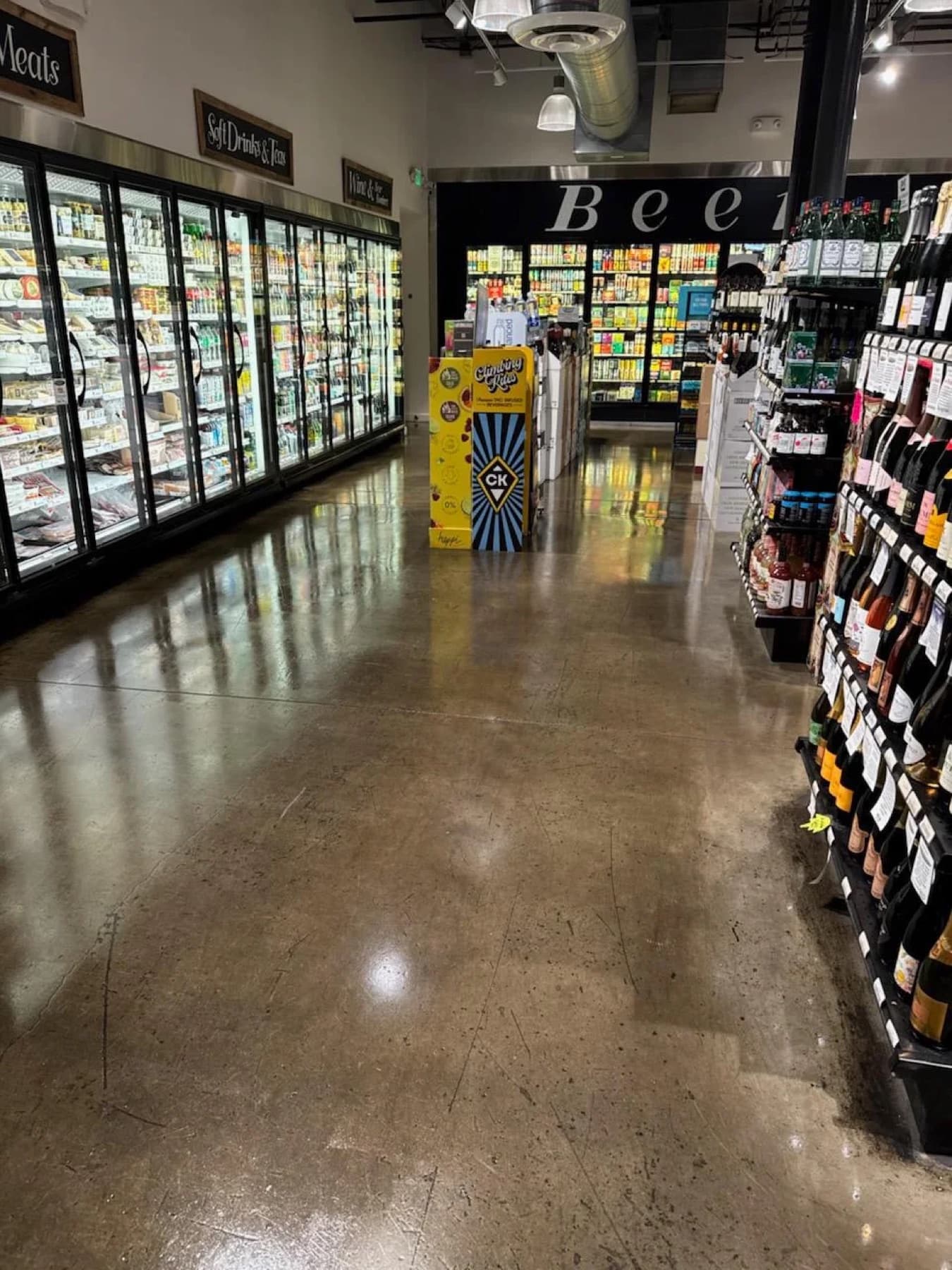 Freshly cleaned, polished grocery store floor