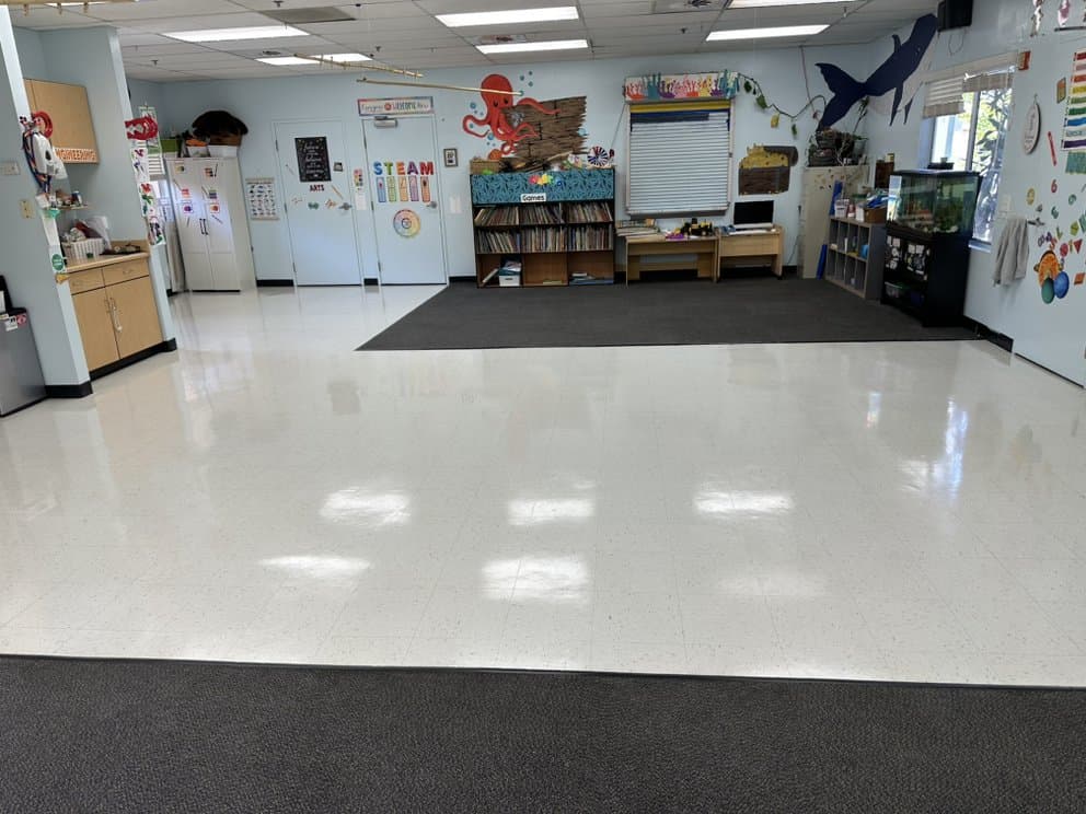 White VCT classroom floor stripped and refinished